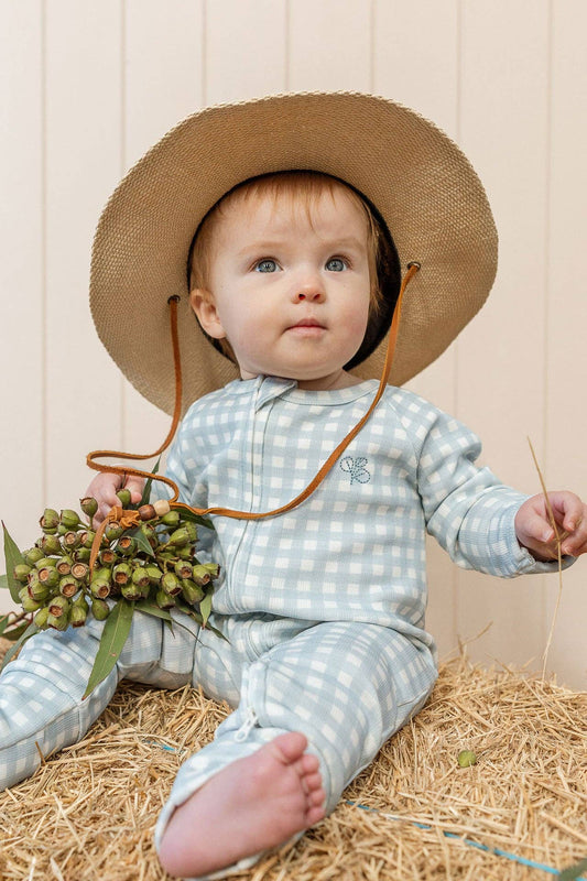 Blå rutere ribbestrikket heldress