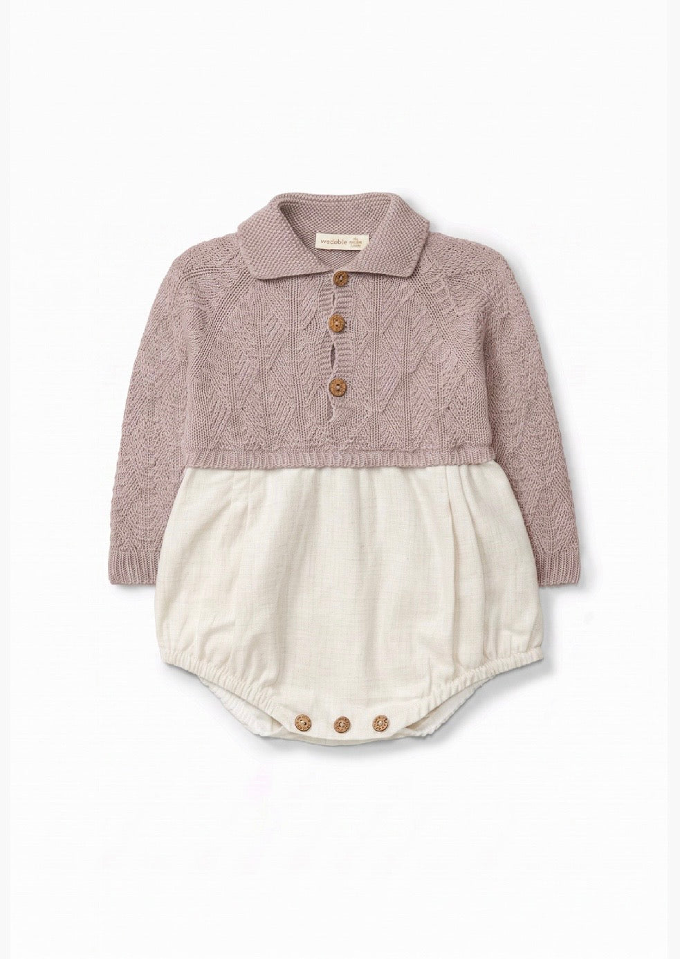 Beige babyromper med strikket ulloverdel | Wedoble