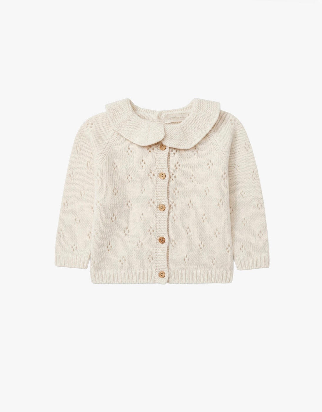 Kremhvit strikket cardigan i ull med delikat strikkemønster og krage | Wedoble
