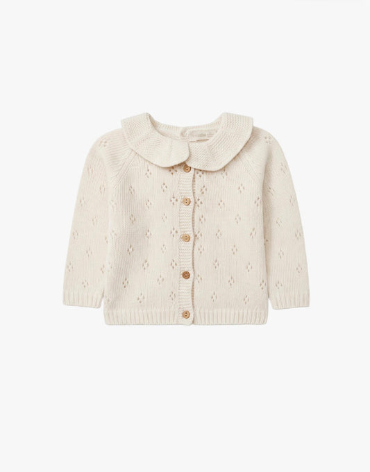 Kremhvit strikket cardigan i ull med delikat strikkemønster og krage | Wedoble