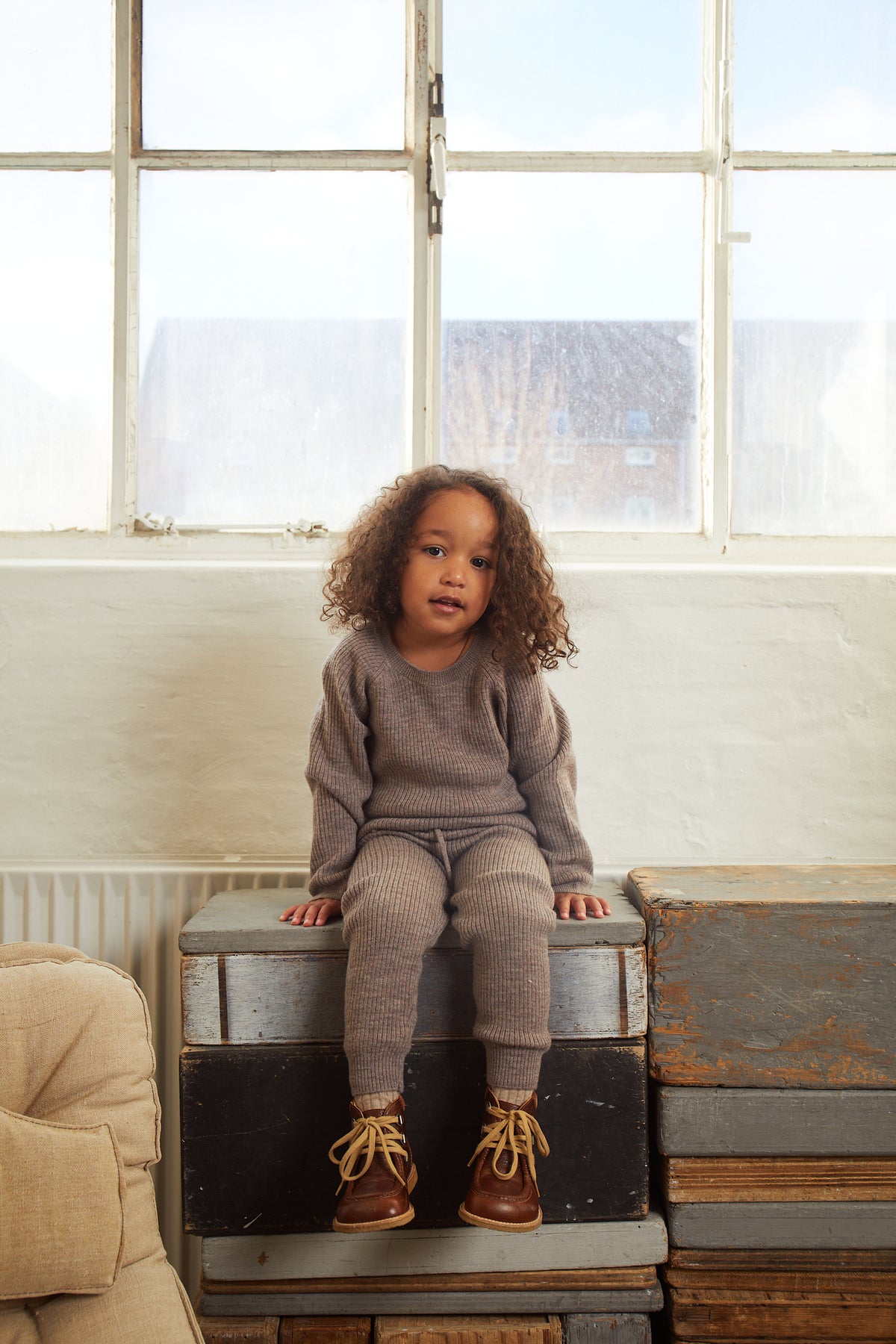 Beige ribbestrikket leggings i 100 % merinoull | Copenhagen Colors